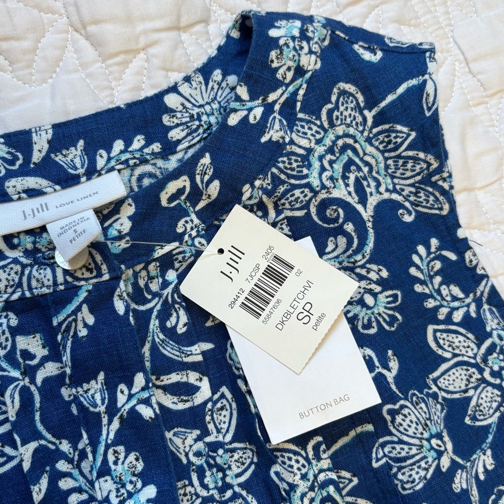 NWT Linen Blue Floral Pintuck Dress JJill - Picture 6 of 8